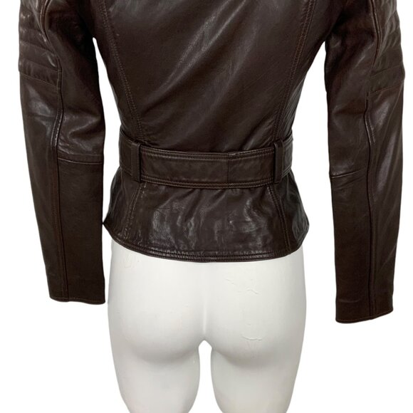 AllSaint Bryden Biker Leather Jacket 0 Brown Belted Moto Zipper Front Pockets - Picture 9 of 14